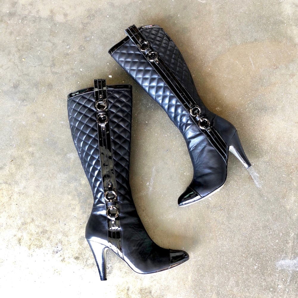 Quilted Black Leather Cap Toe High Heel Tall Boots